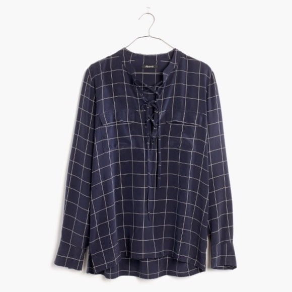 NWT Madewell Silk Lace-Up Shirt Windowpane Plaid Navy Blue Size M - Picture 4 of 8